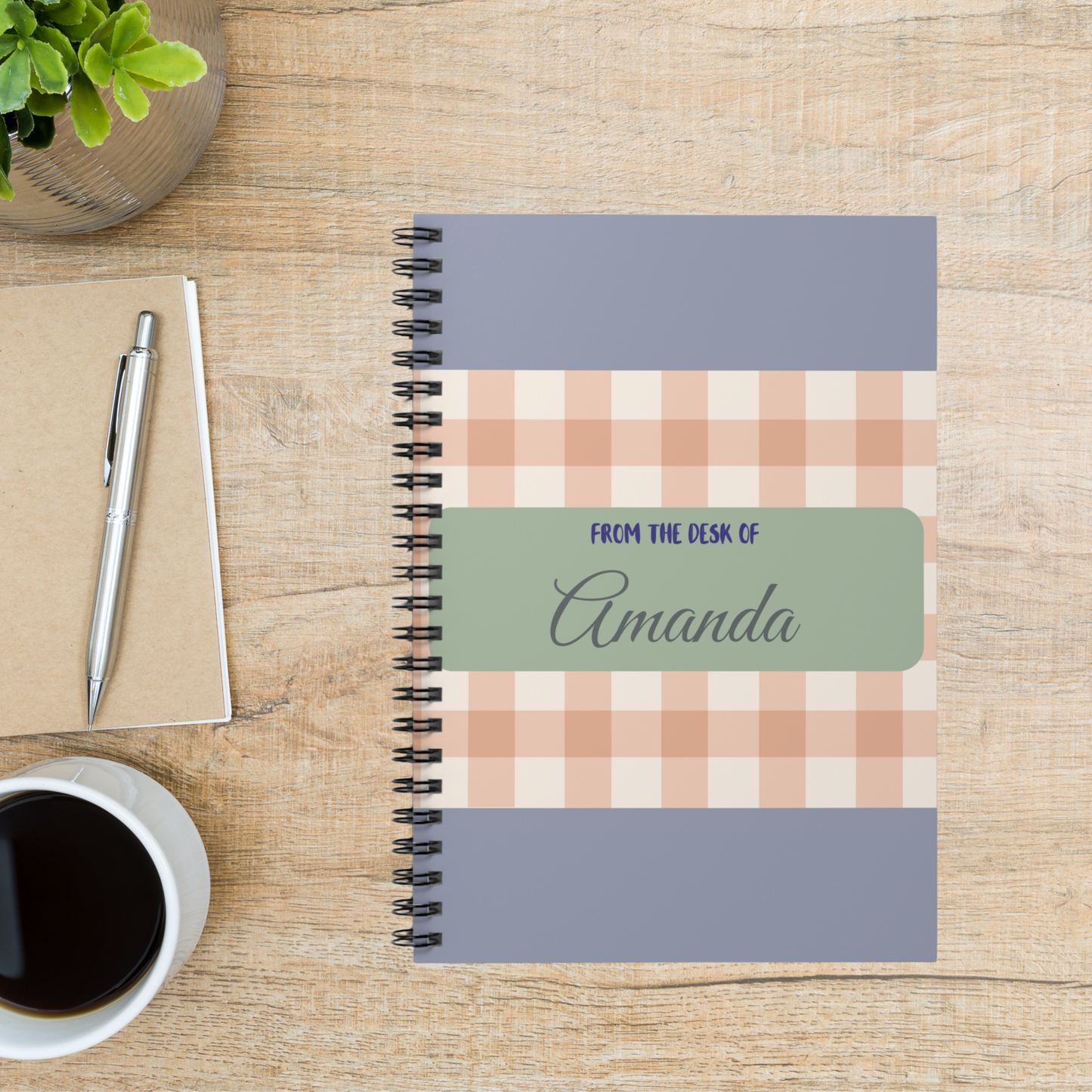 Personalized Gingham Spiral Notebook- 6" x 8"