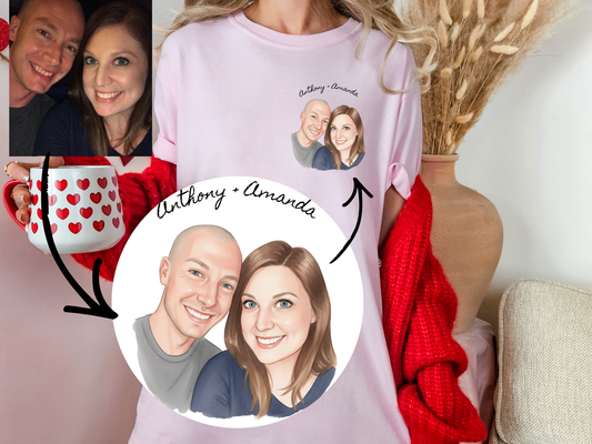 Person wearing a pink t-shirt with a personalized design of a couple's faces, surrounded by a mug with heart patterns and a vase.