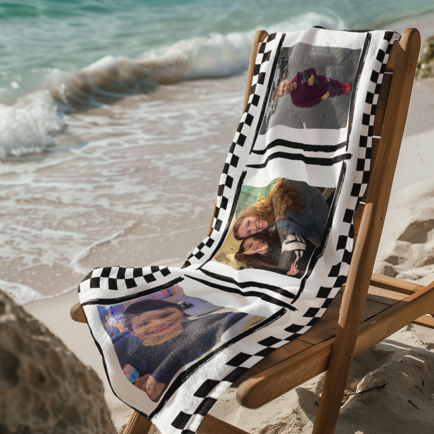 Personalized Black Checkered Beach Towel — Custom Photo Towel (3 Pictures)