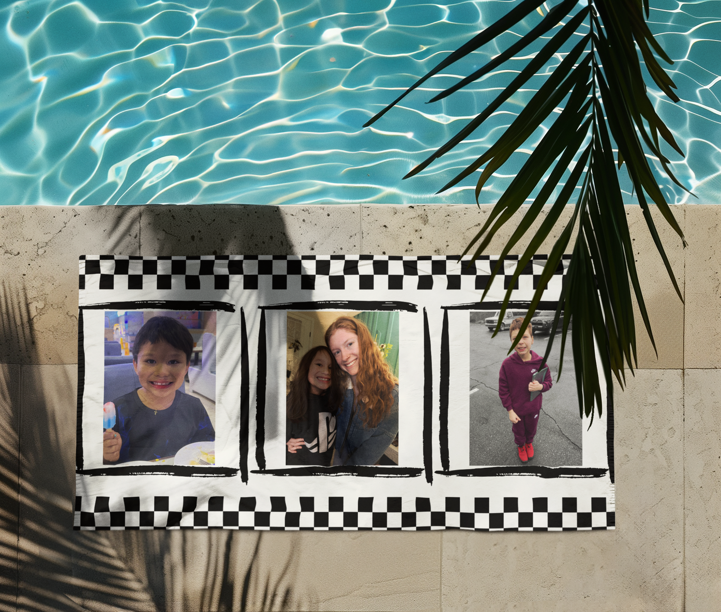 Personalized Black Checkered Beach Towel — Custom Photo Towel (3 Pictures)