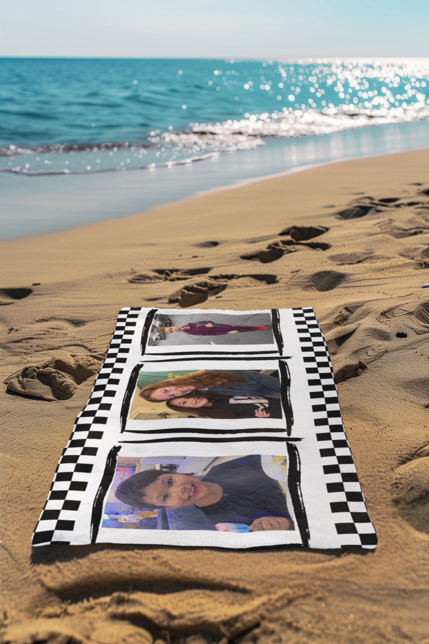 Personalized Black Checkered Beach Towel — Custom Photo Towel (3 Pictures)