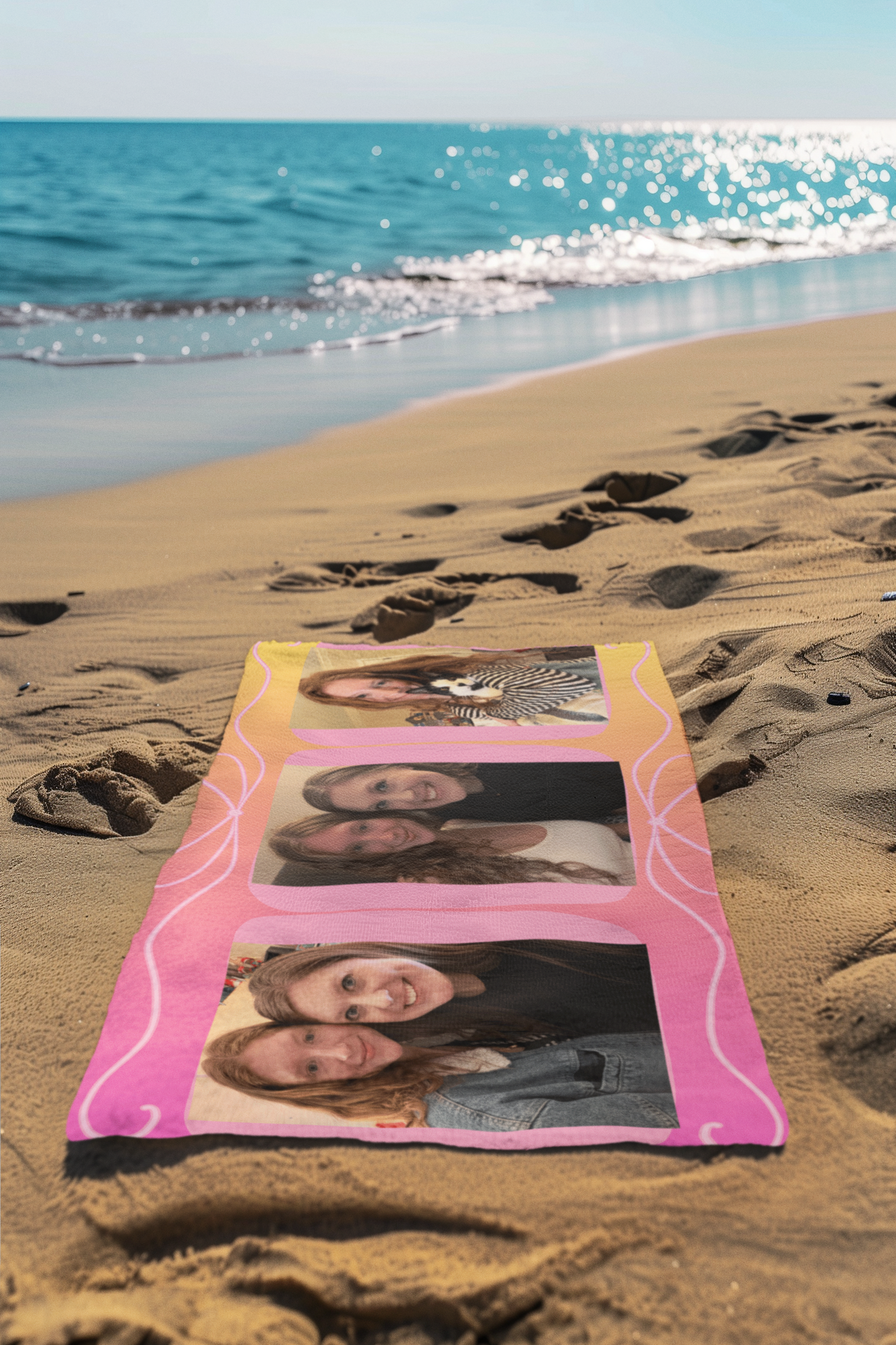 Custom Photo Collage Beach Towel — Personalized Pink Sunset Design