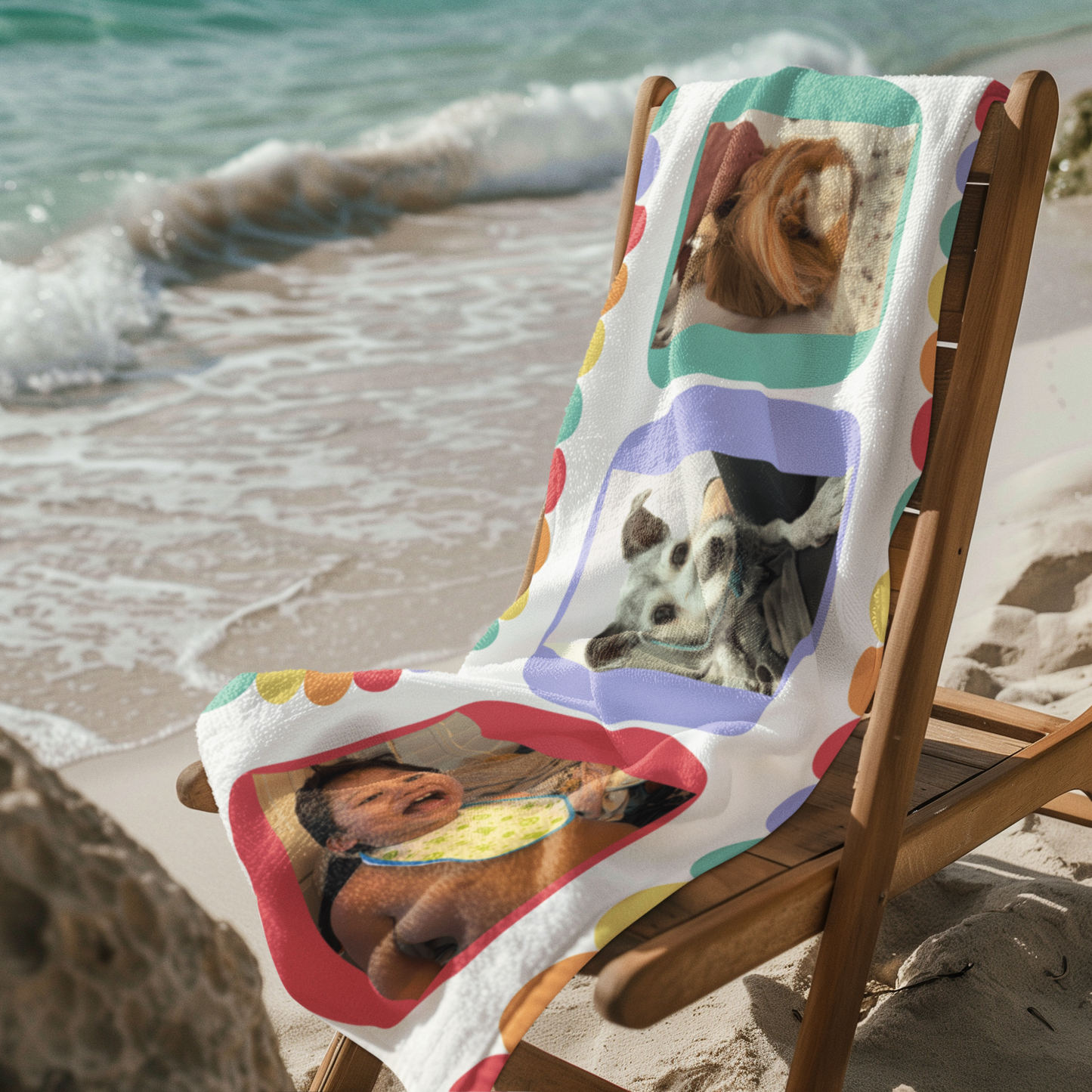 Personalized Photo Beach Towel — Custom Collage (Kid & Pet) with Colorful Polka Frame