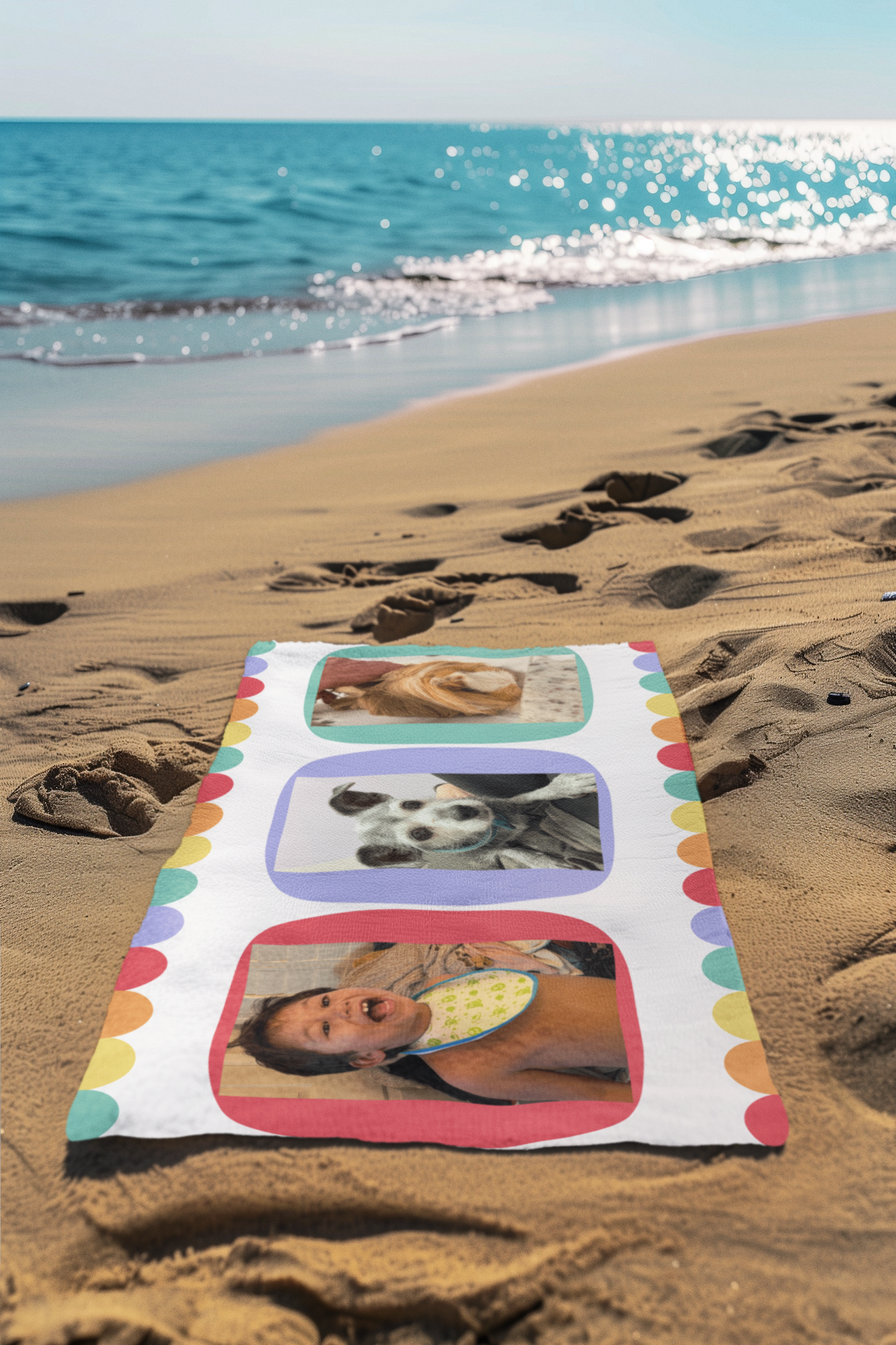 Personalized Photo Beach Towel — Custom Collage (Kid & Pet) with Colorful Polka Frame