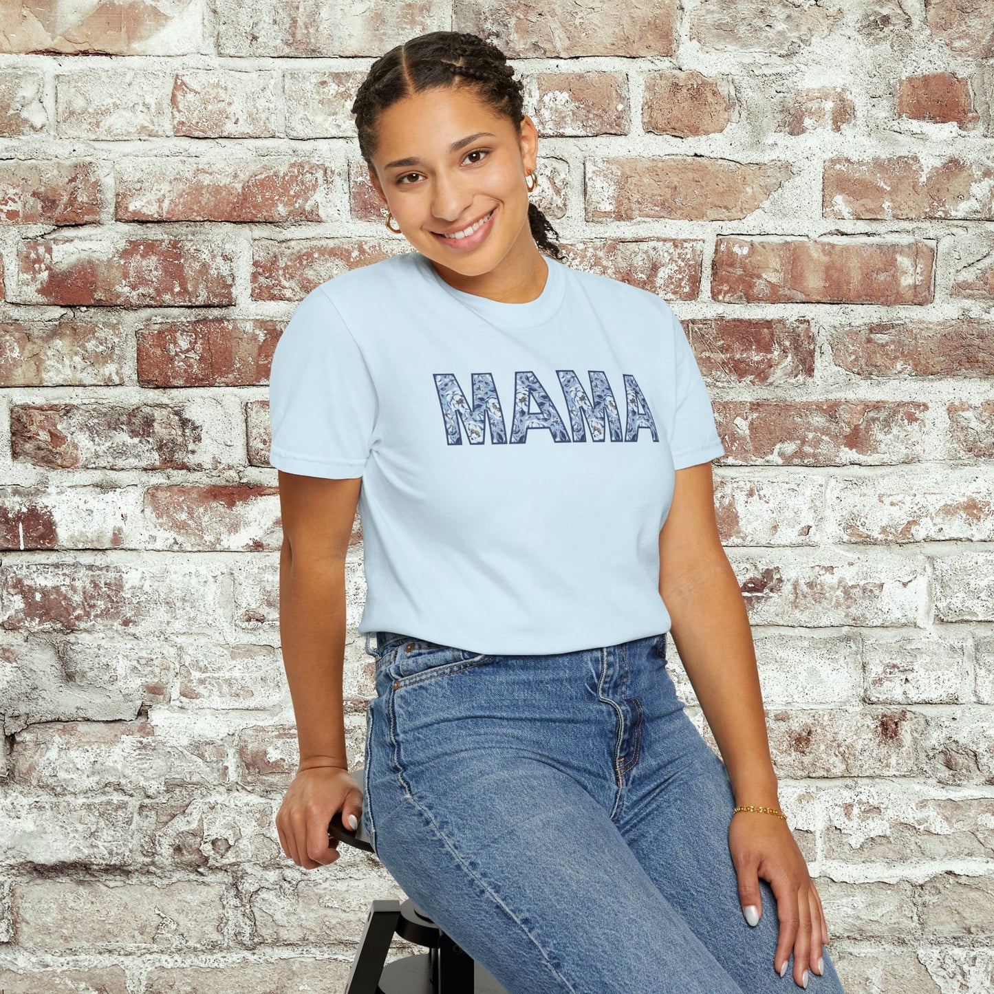 MAMA Blue Floral Comfort Colors T-Shirt