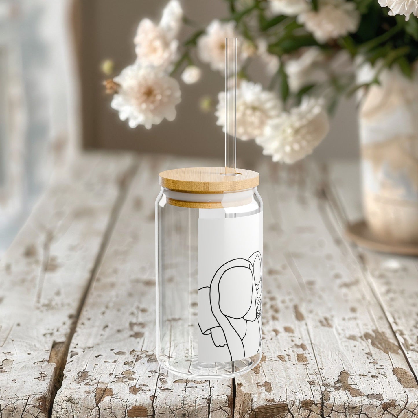 Customizable Family Line Art Drawing Glass Can, 16oz