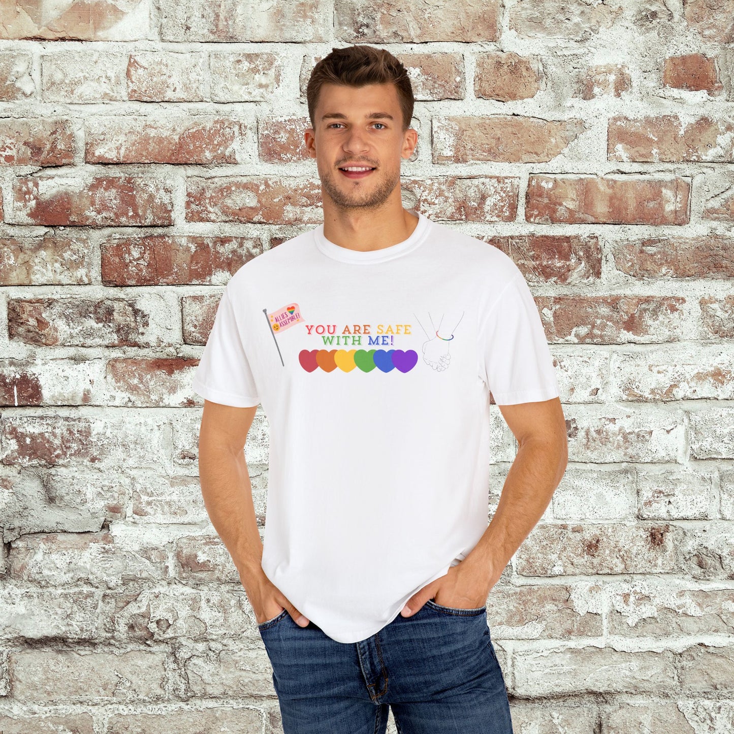 You Are Safe With Me Ally Pride Shirt | LGBTQ+ Support Tee | Rainbow Hearts T-Shirt | Inclusive Safe Space Shirt | Allies Assemble Tee