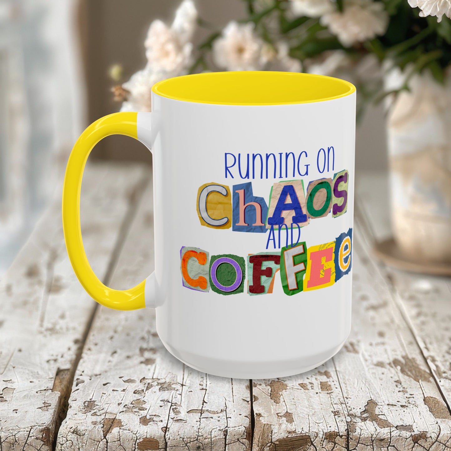 Running on Chaos and Coffee Mug Funny Two Tone Cup