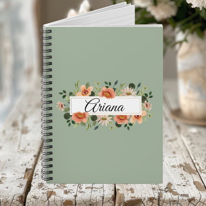 Personalized Sage Floral Spiral Notebook- 6" x 8"