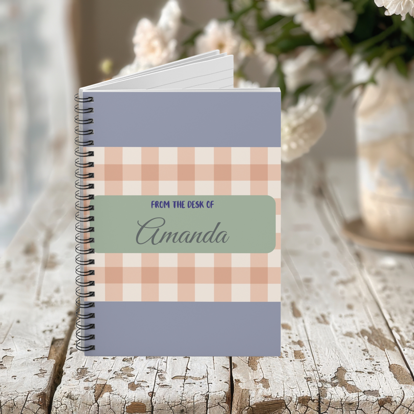 Personalized Gingham Spiral Notebook- 6" x 8"
