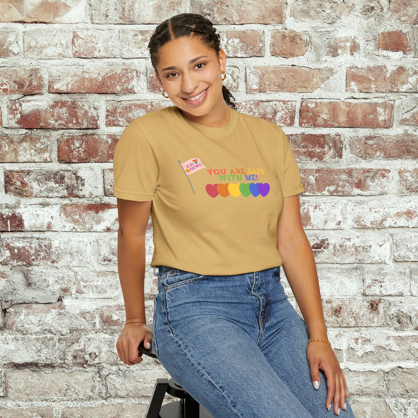 You Are Safe With Me Ally Pride Shirt | LGBTQ+ Support Tee | Rainbow Hearts T-Shirt | Inclusive Safe Space Shirt | Allies Assemble Tee