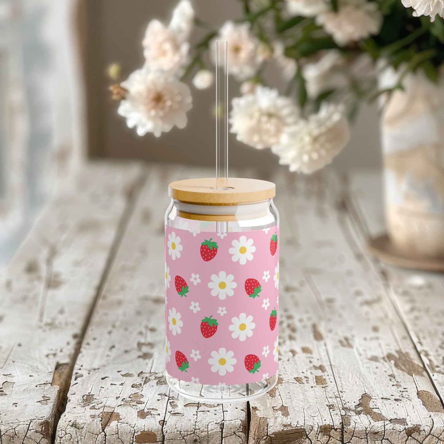 Cute Strawberry and Daisy Iced Coffee Glass Mug