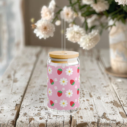 Cute Strawberry and Daisy Iced Coffee Glass Mug