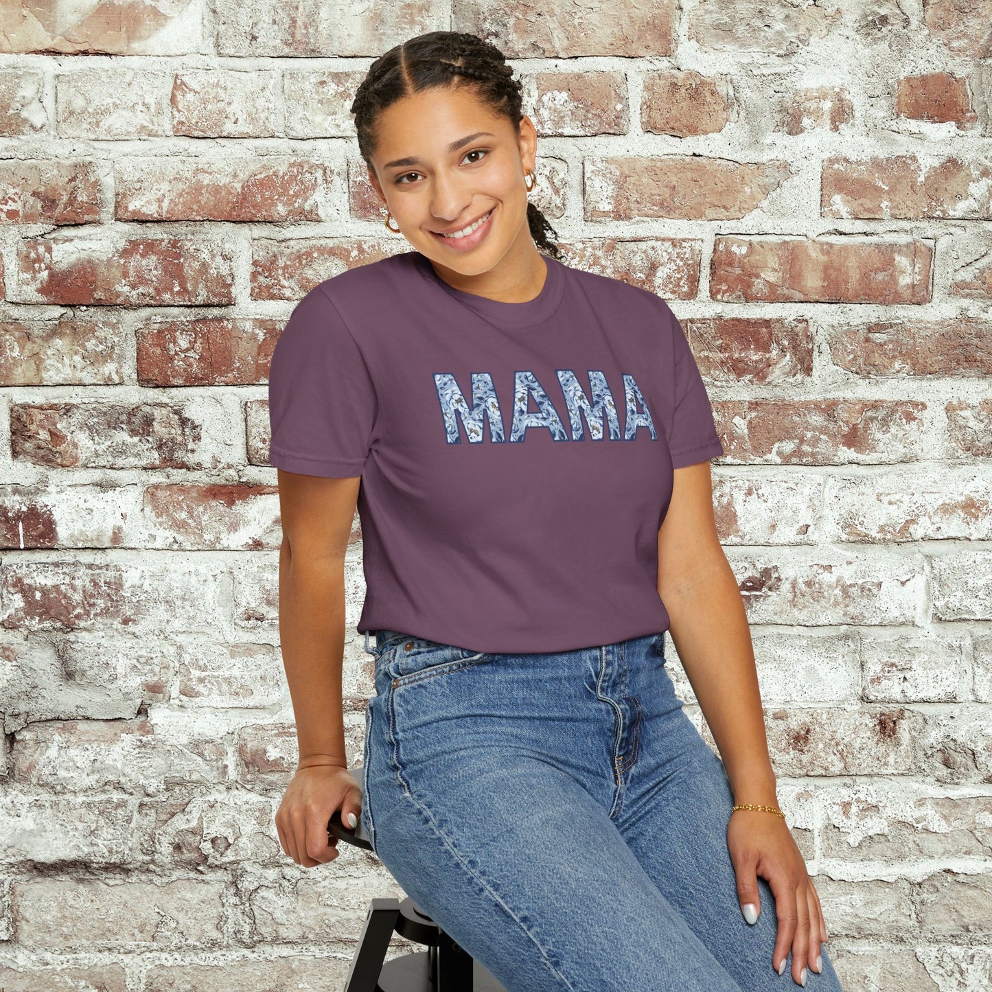 MAMA Blue Floral Comfort Colors T-Shirt