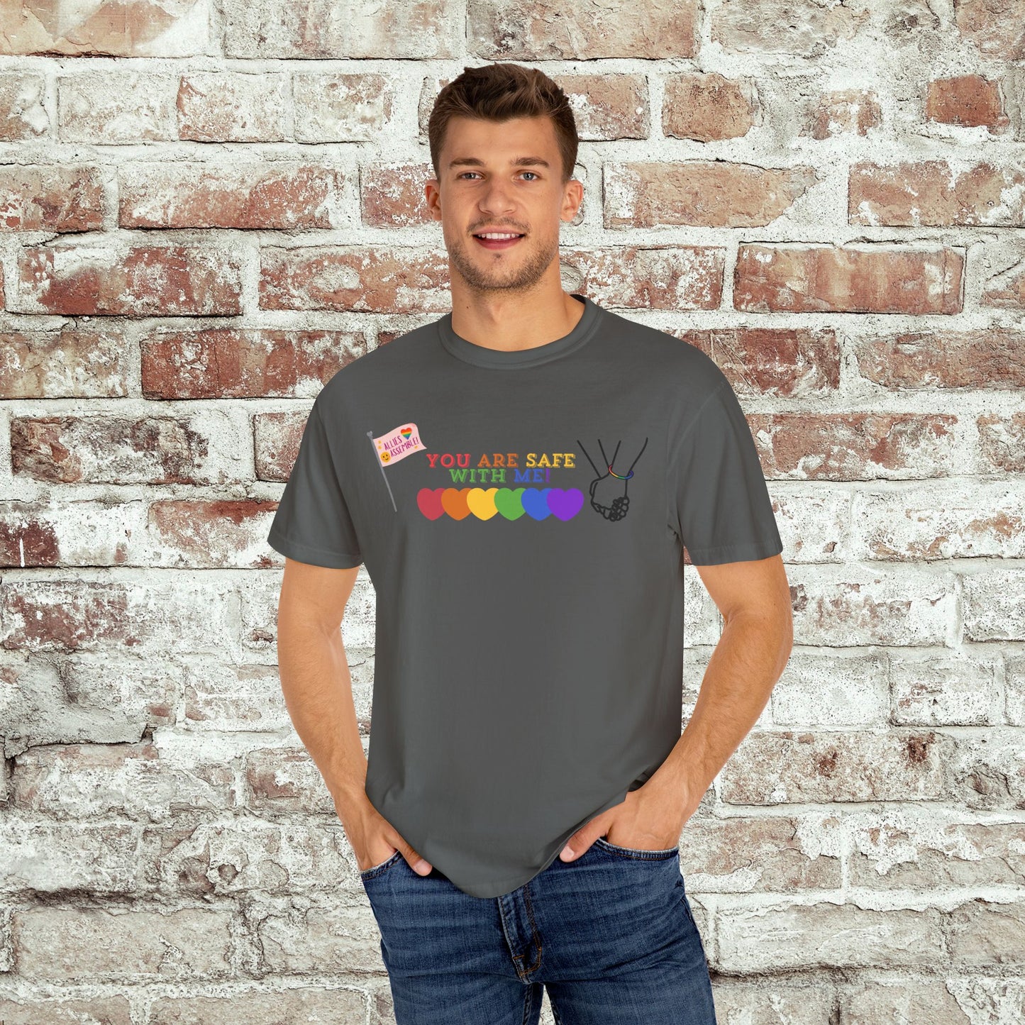 You Are Safe With Me Ally Pride Shirt | LGBTQ+ Support Tee | Rainbow Hearts T-Shirt | Inclusive Safe Space Shirt | Allies Assemble Tee