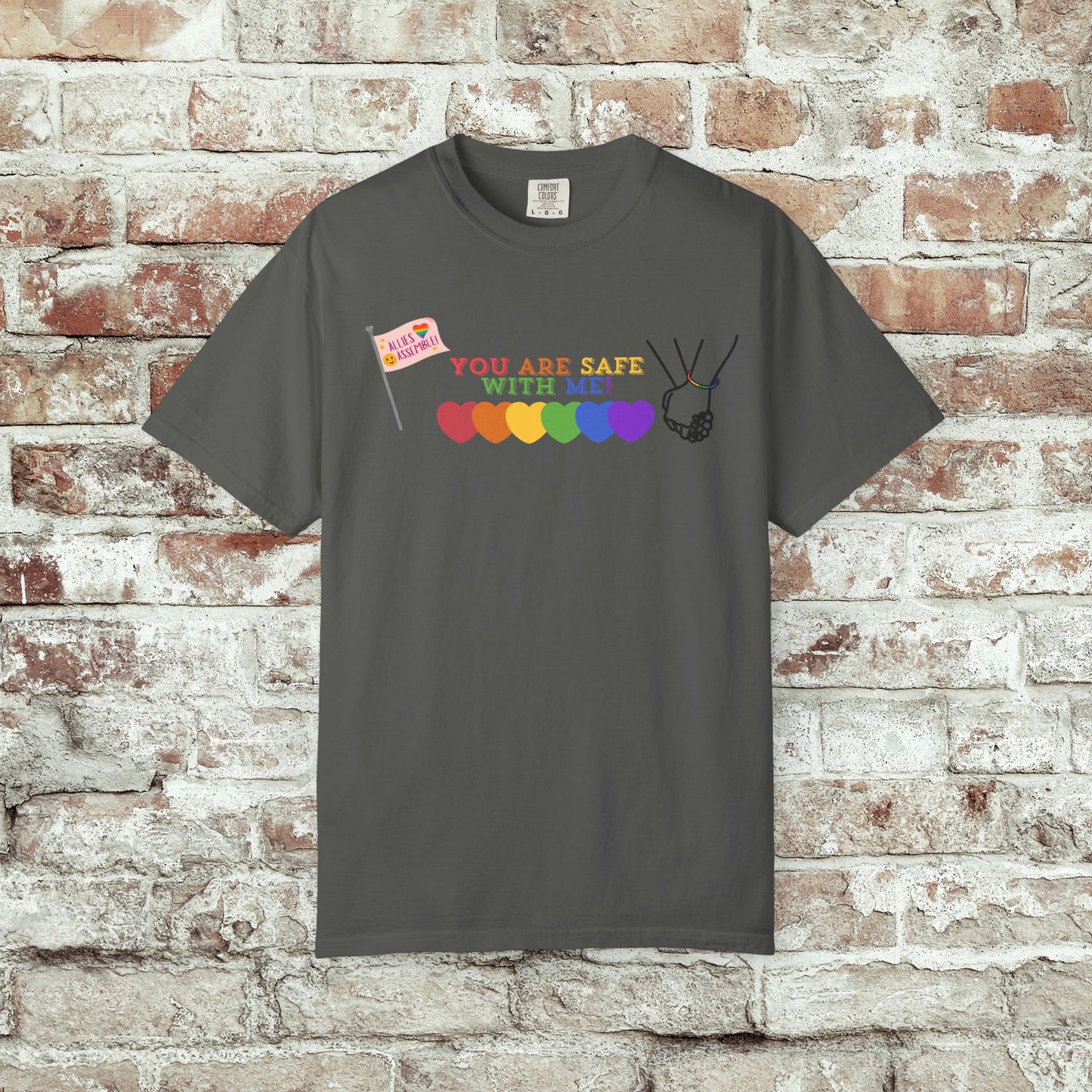 You Are Safe With Me Ally Pride Shirt | LGBTQ+ Support Tee | Rainbow Hearts T-Shirt | Inclusive Safe Space Shirt | Allies Assemble Tee