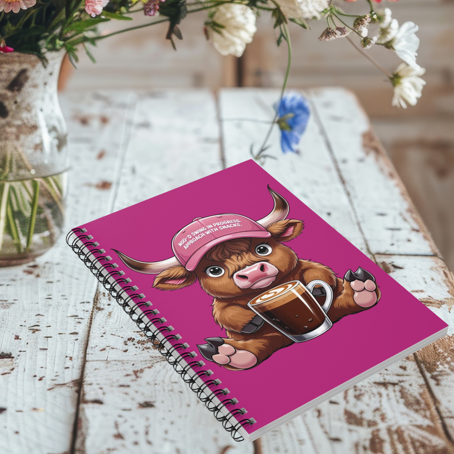 Cute Moody Cow Spiral Notebook- 6" x 8"