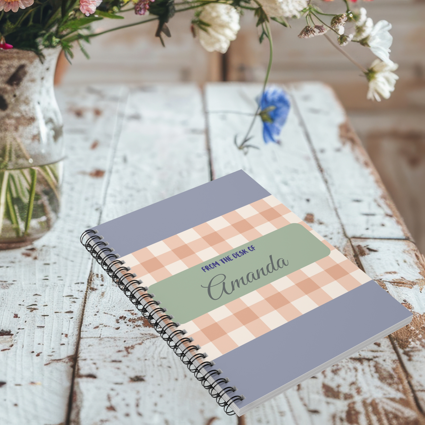 Personalized Gingham Spiral Notebook- 6" x 8"