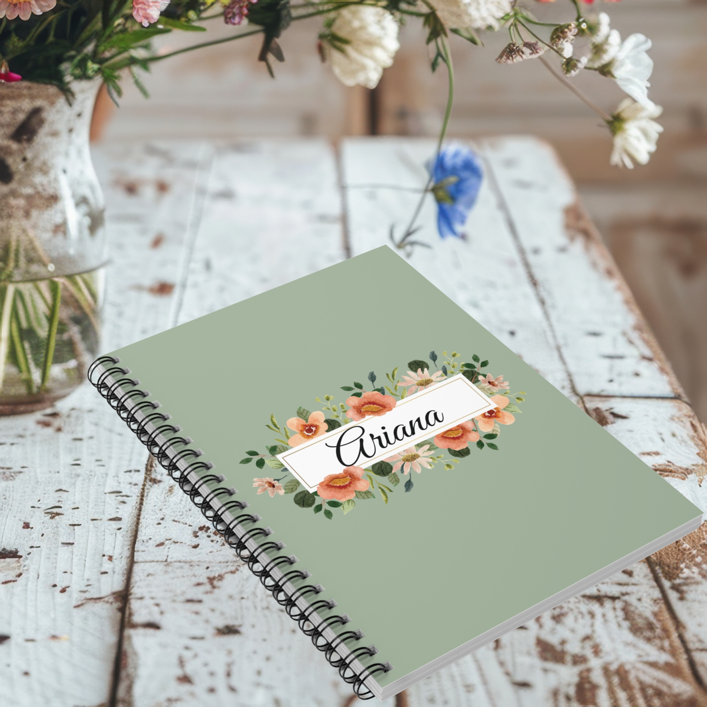 Personalized Sage Floral Spiral Notebook- 6" x 8"