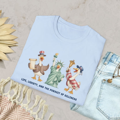 Liberty Ducks Patriotic T-Shirt — 'Life, Liberty & the Pursuit of Silliness' Cartoon Tee