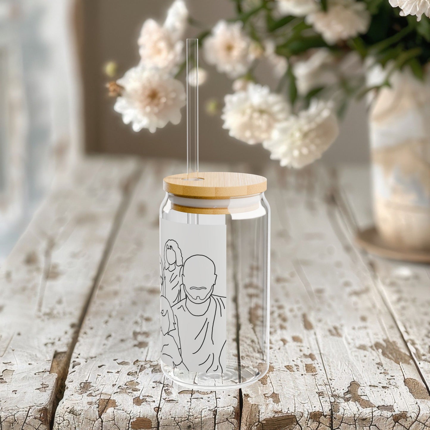 Customizable Family Line Art Drawing Glass Can, 16oz