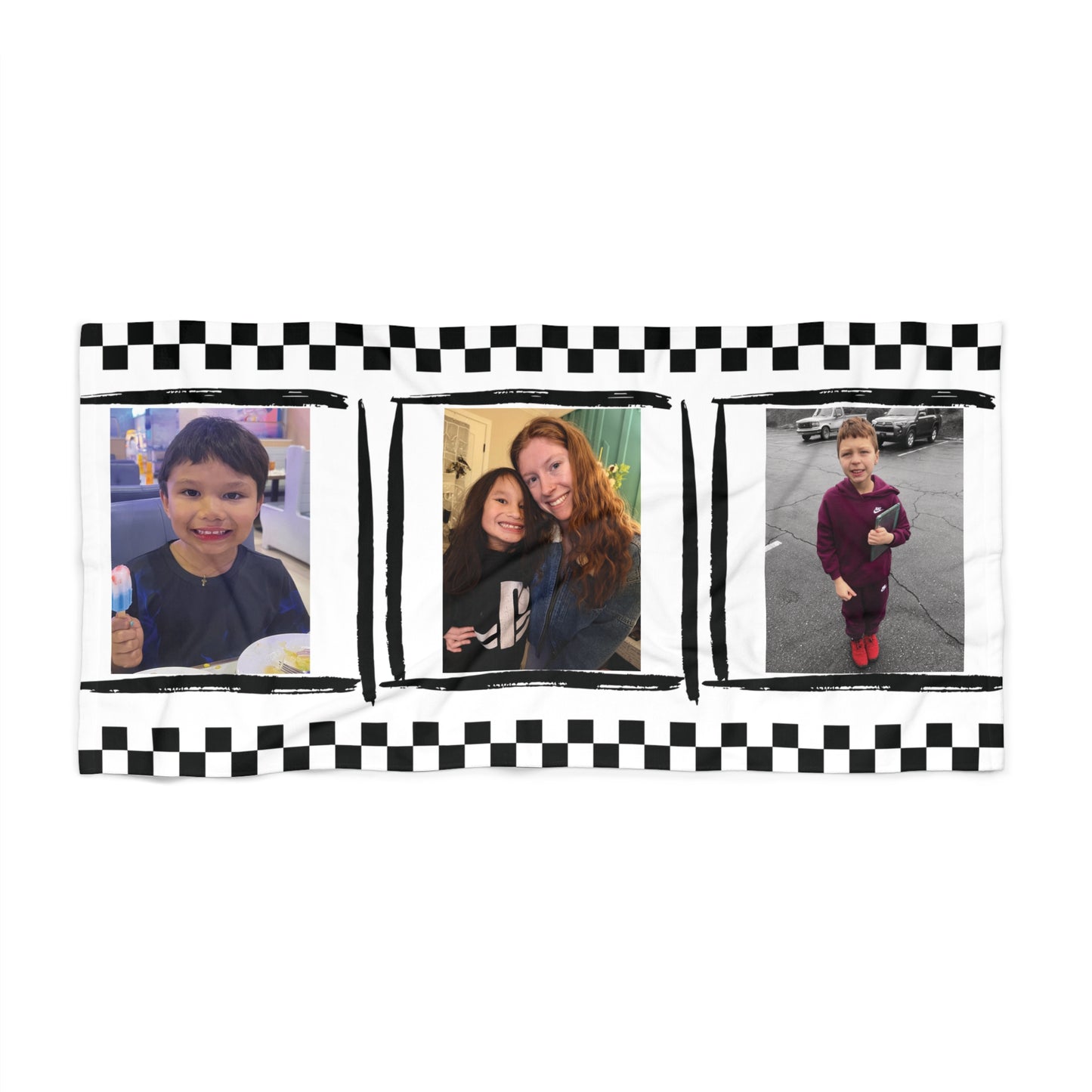 Personalized Black Checkered Beach Towel — Custom Photo Towel (3 Pictures)