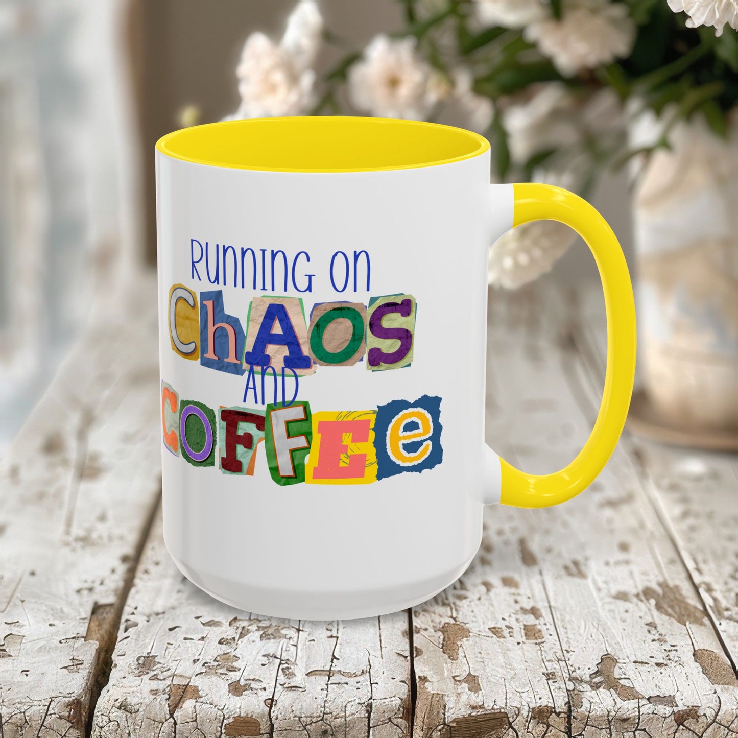 Running on Chaos and Coffee Mug Funny Two Tone Cup