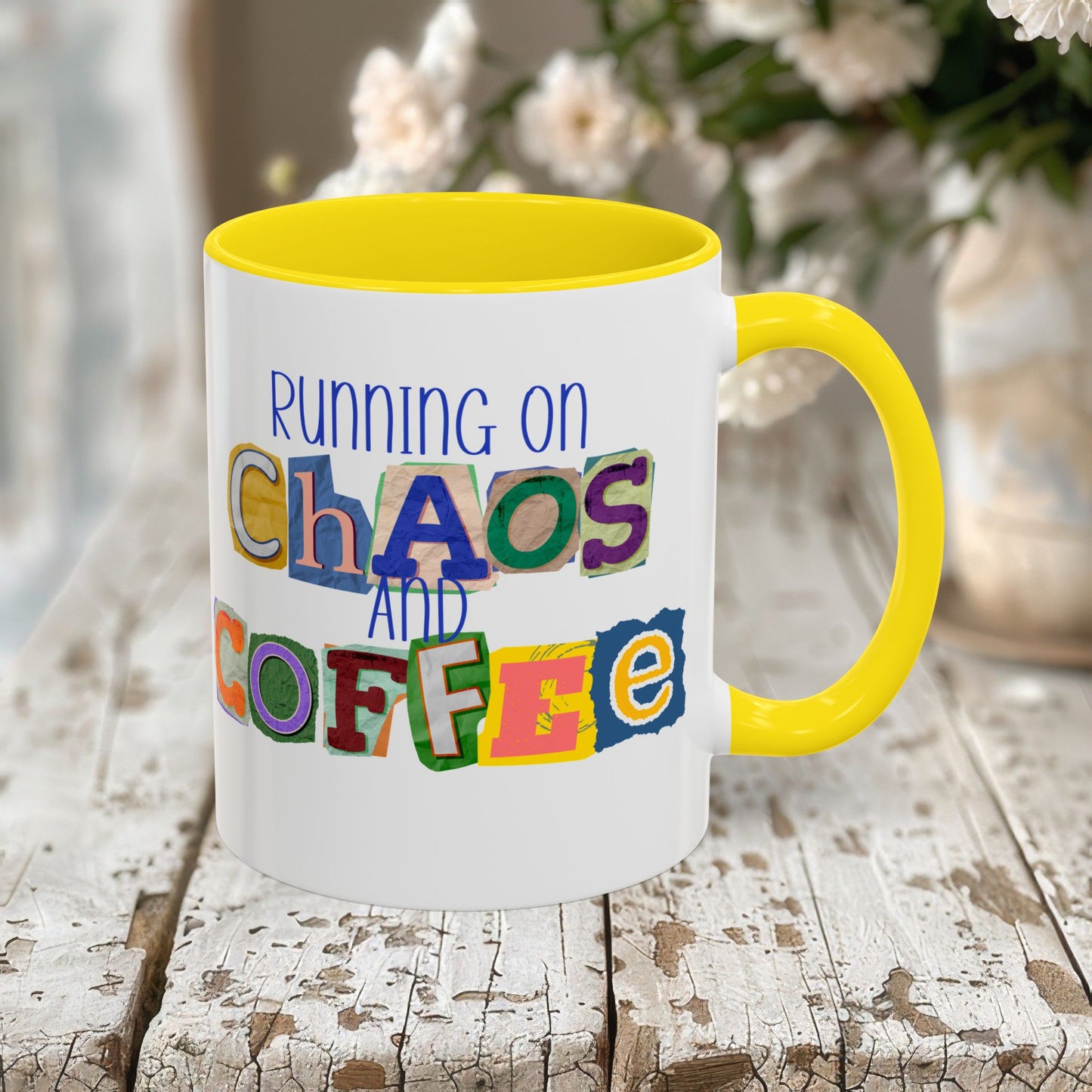 Running on Chaos and Coffee Mug Funny Two Tone Cup