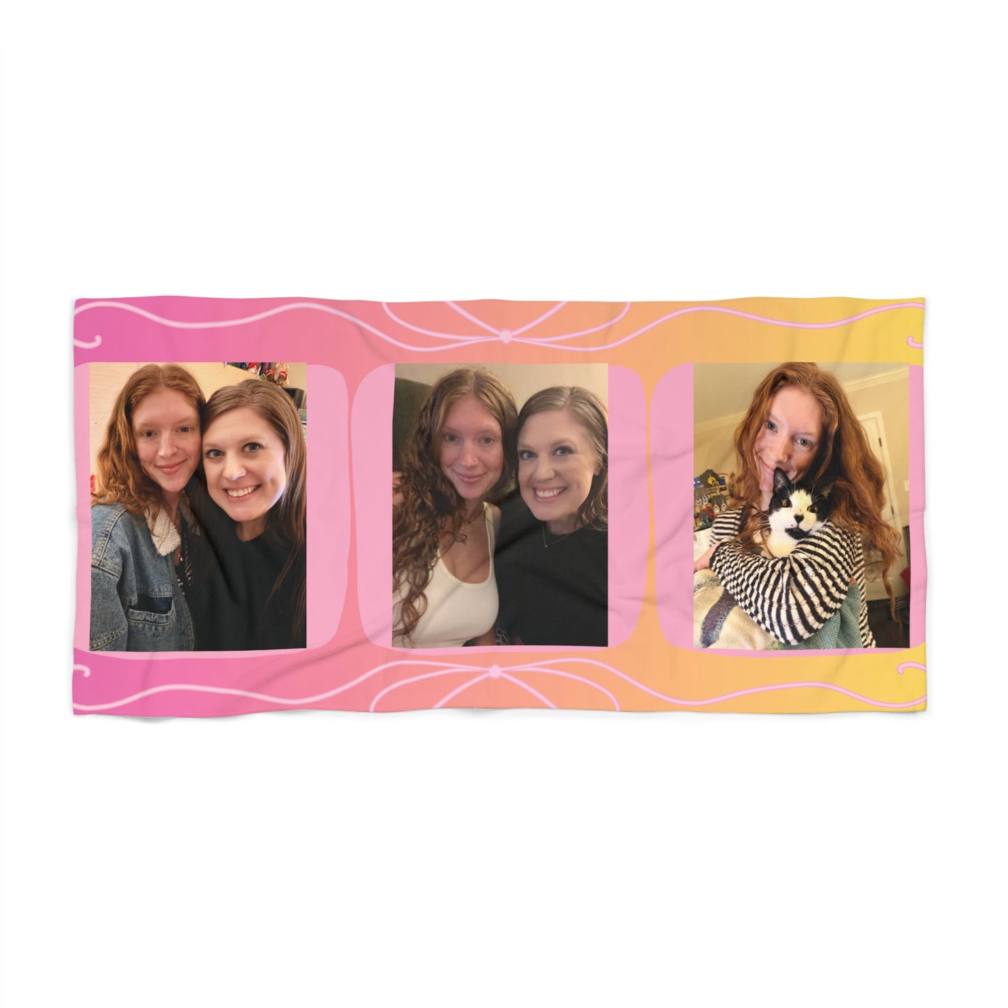 Custom Photo Collage Beach Towel — Personalized Pink Sunset Design