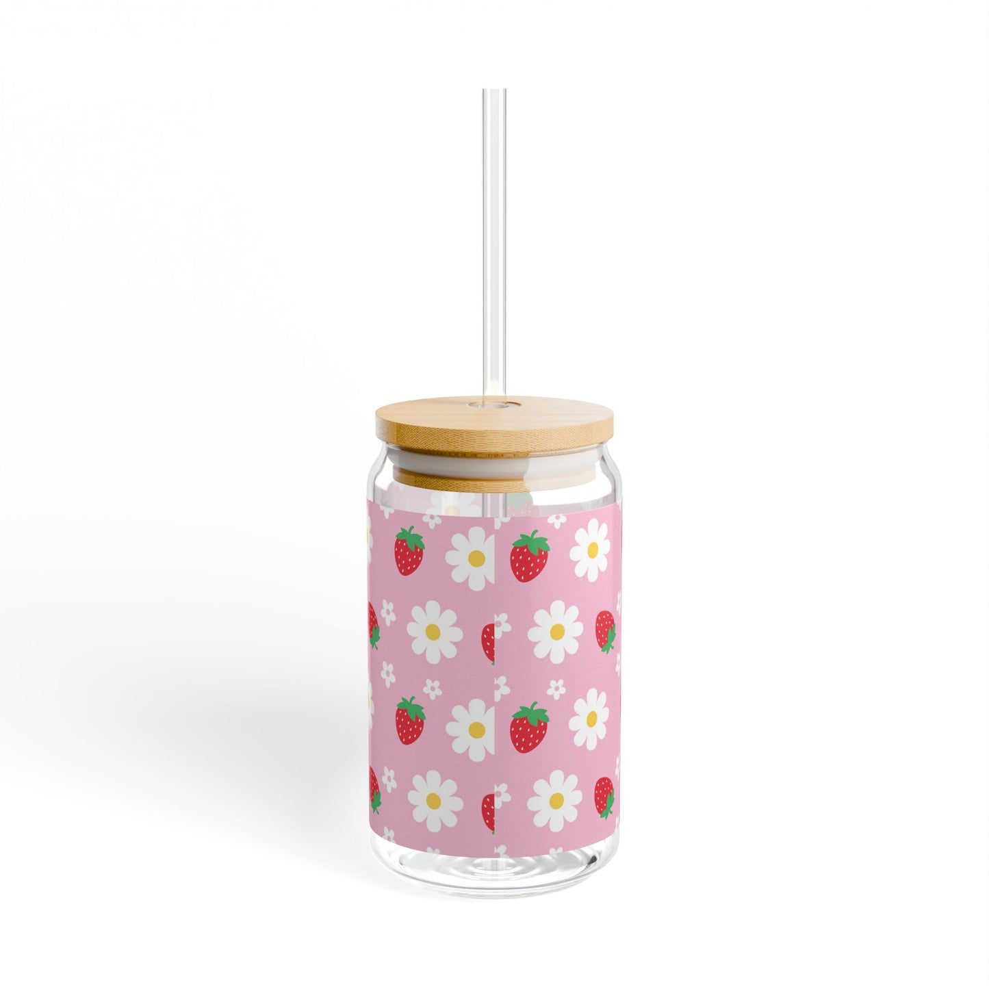 Cute Strawberry and Daisy Iced Coffee Glass Mug