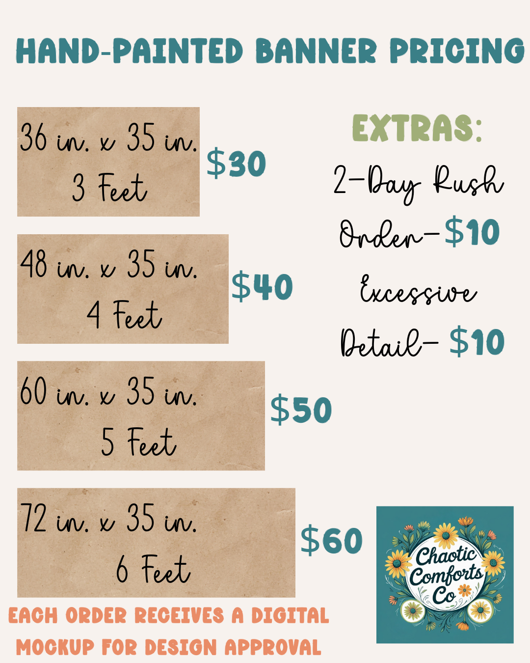 Hand-painted banner pricing chart with dimensions and costs, including extras like rush order and excessive detail.