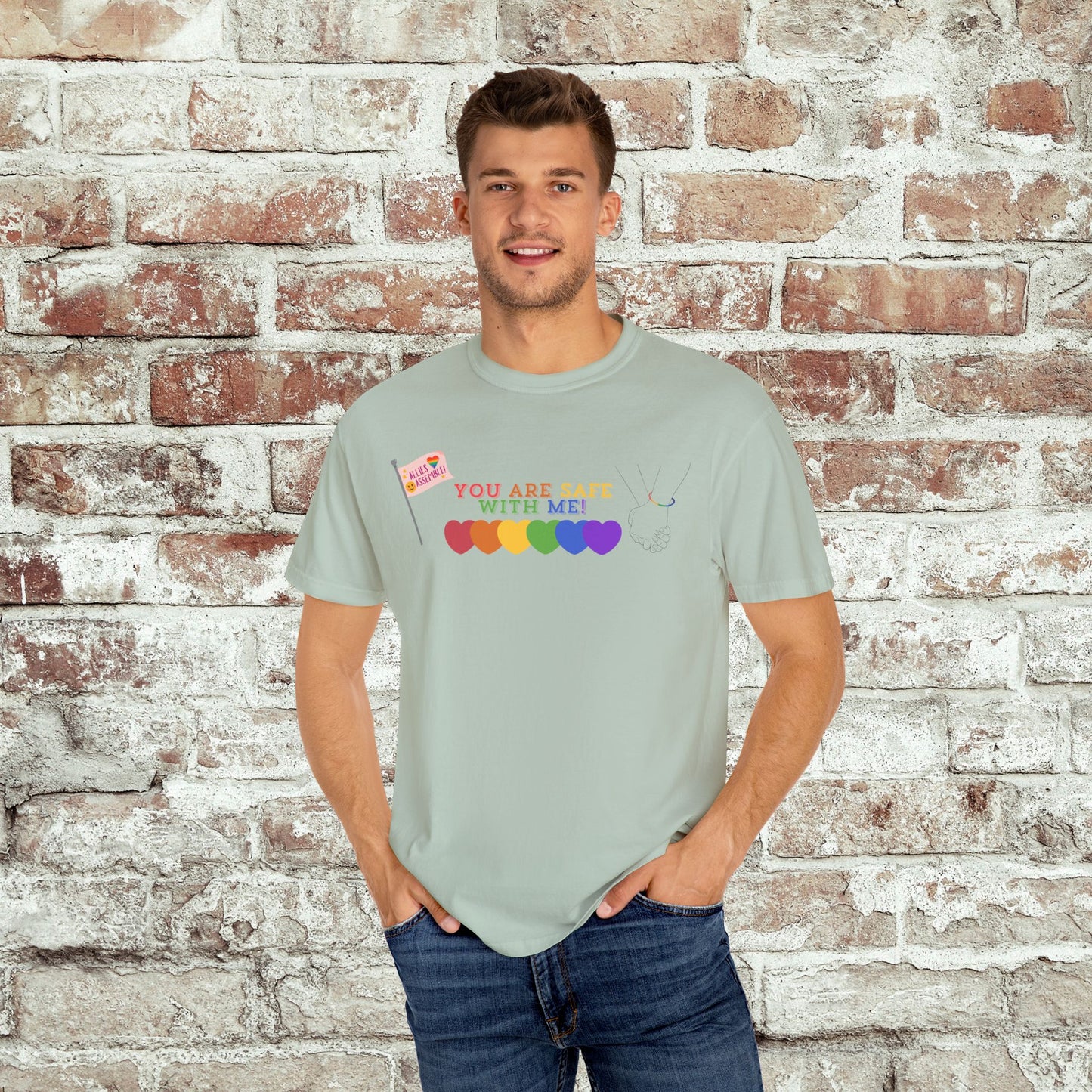 You Are Safe With Me Ally Pride Shirt | LGBTQ+ Support Tee | Rainbow Hearts T-Shirt | Inclusive Safe Space Shirt | Allies Assemble Tee