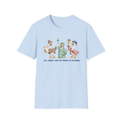 Liberty Ducks Patriotic T-Shirt — 'Life, Liberty & the Pursuit of Silliness' Cartoon Tee