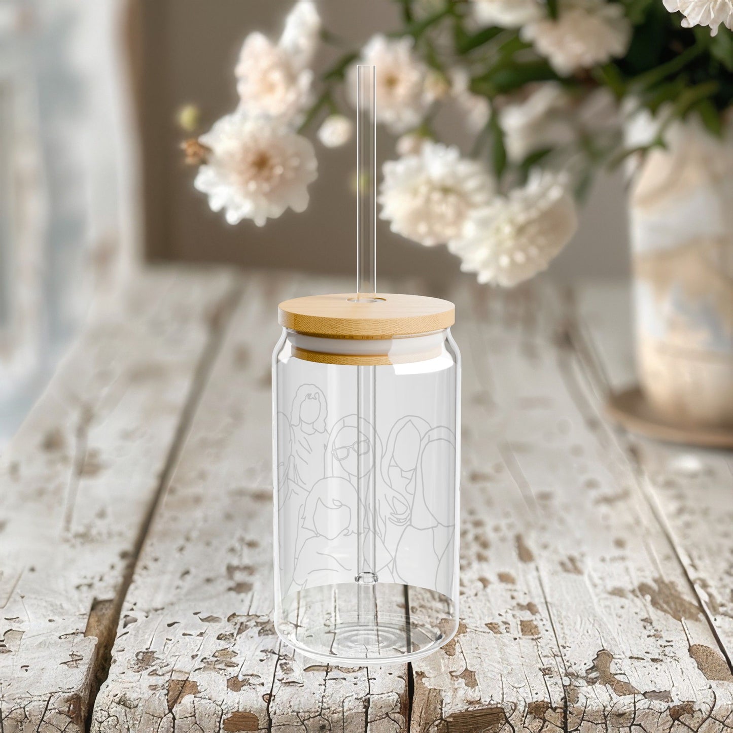 Customizable Family Line Art Drawing Glass Can, 16oz