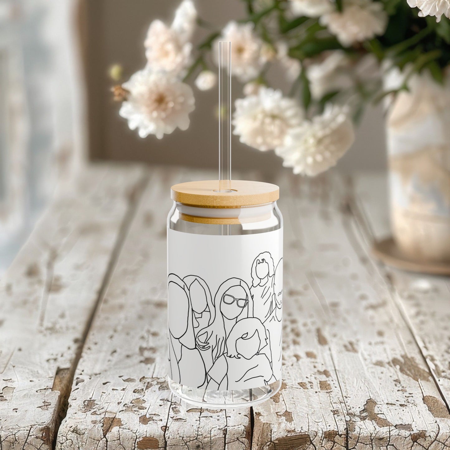 Customizable Family Line Art Drawing Glass Can, 16oz