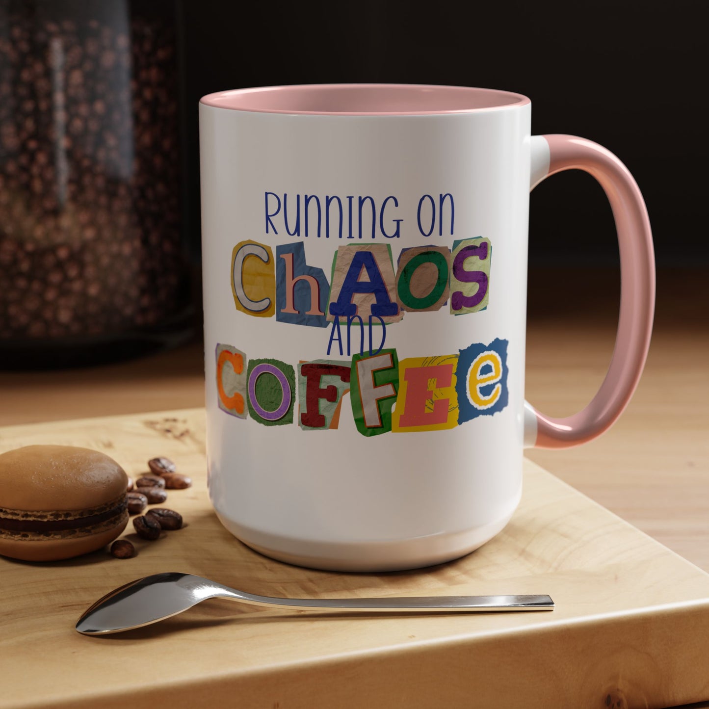 Running on Chaos and Coffee Mug Funny Two Tone Cup