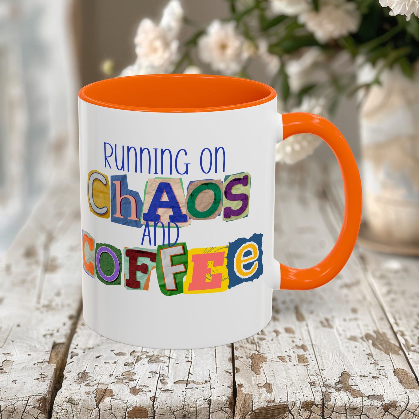 Running on Chaos and Coffee Mug Funny Two Tone Cup