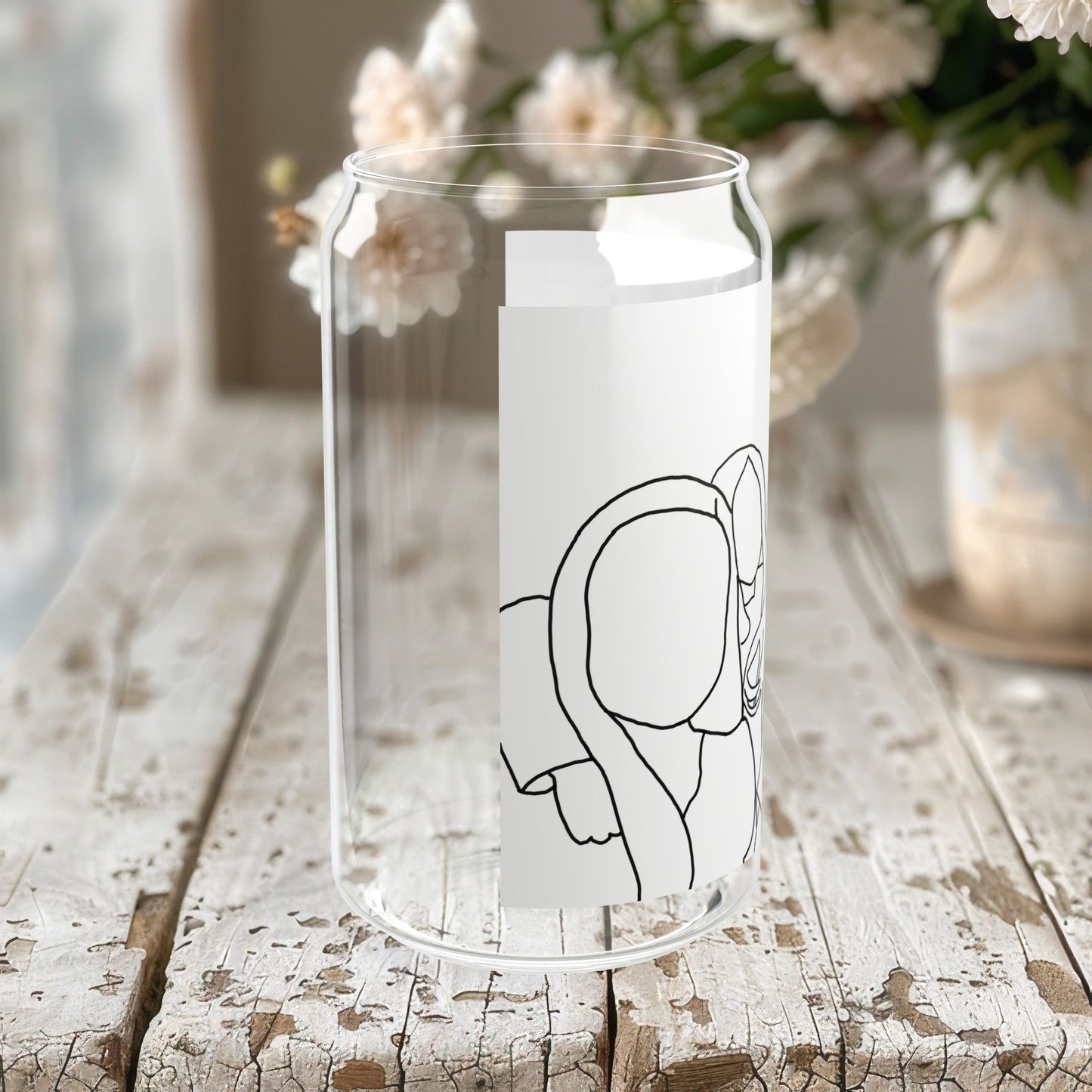 Customizable Family Line Art Drawing Glass Can, 16oz