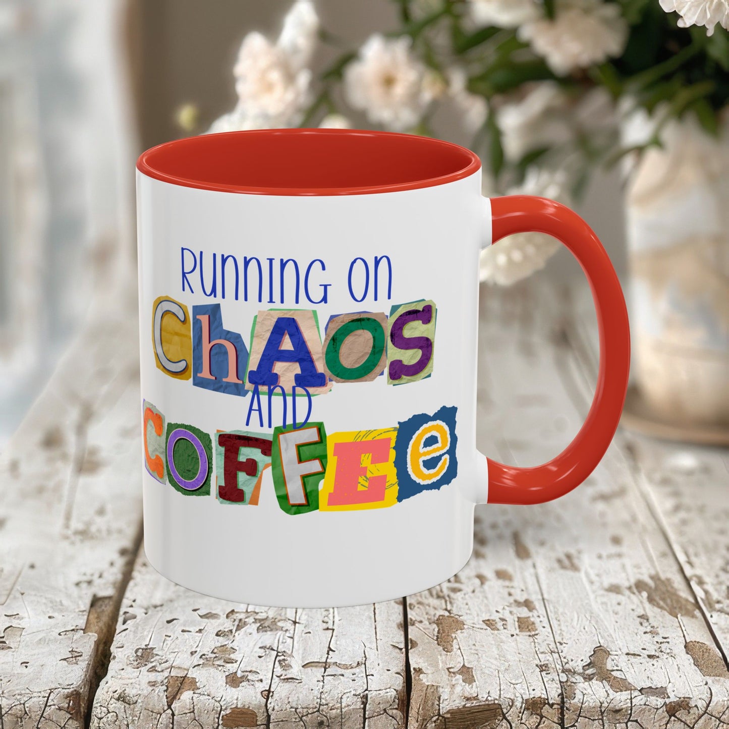 Running on Chaos and Coffee Mug Funny Two Tone Cup