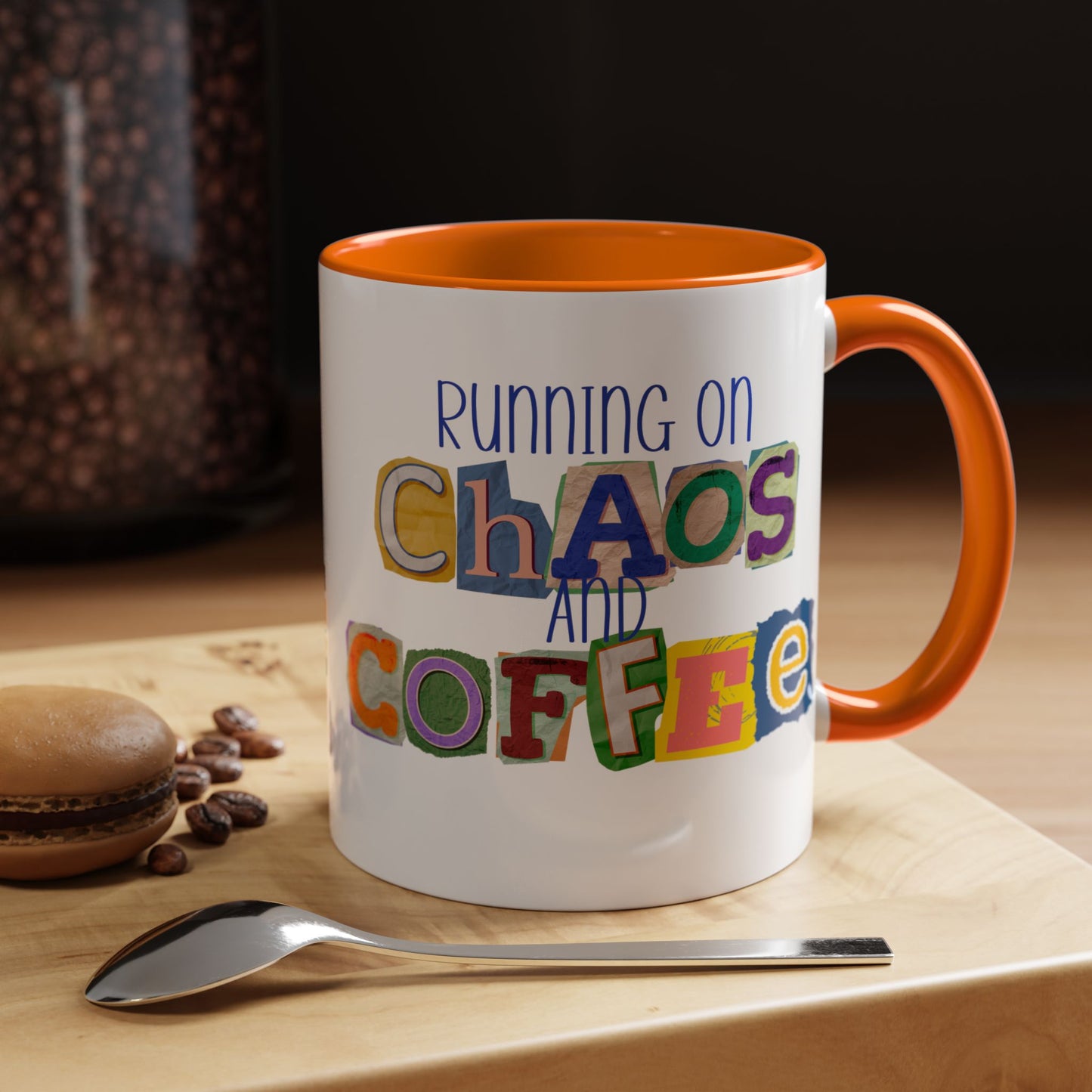 Running on Chaos and Coffee Mug Funny Two Tone Cup