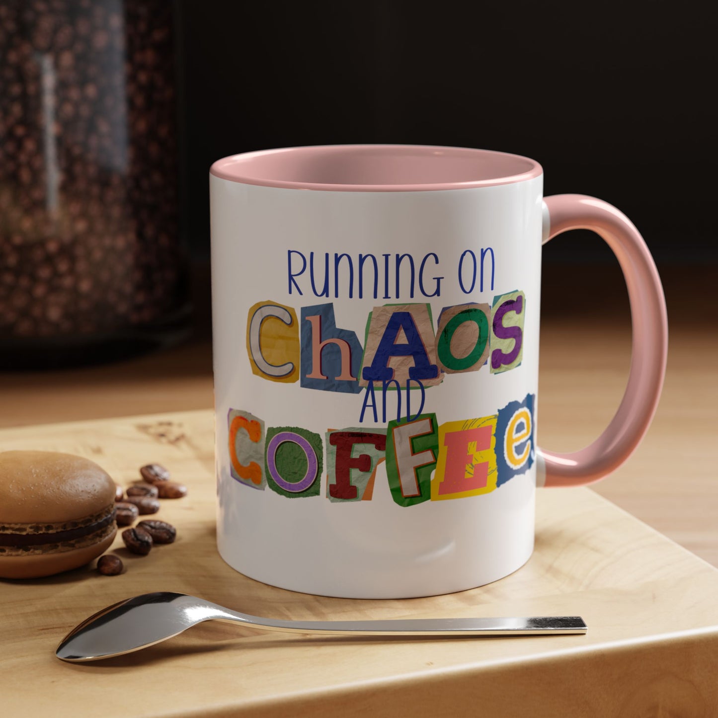 Running on Chaos and Coffee Mug Funny Two Tone Cup