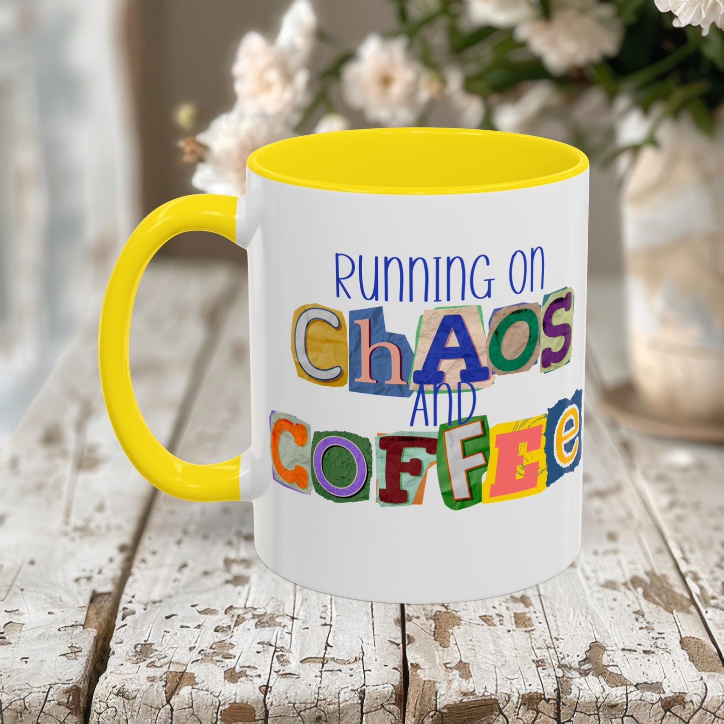 Running on Chaos and Coffee Mug Funny Two Tone Cup