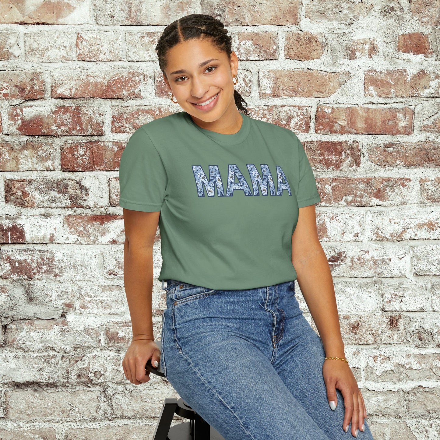 MAMA Blue Floral Comfort Colors T-Shirt