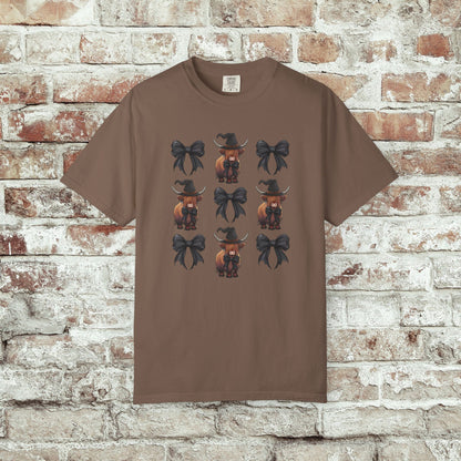 Witchy Highland Cow Shirt, Fall Aesthetic T-Shirt, Black Bow Halloween Tee, Coquette Cowgirl Shirt, Spooky Season Comfort Colors Tee