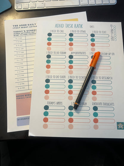 Sheet of paper with a colorful task ranking chart on a desk with a pen on top.