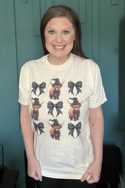 Witchy Highland Cow Shirt, Fall Aesthetic T-Shirt, Black Bow Halloween Tee, Coquette Cowgirl Shirt, Spooky Season Comfort Colors Tee
