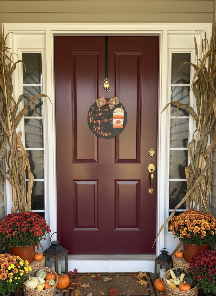Front door with autumn decorations including pumpkins, corn stalks, and potted plants.