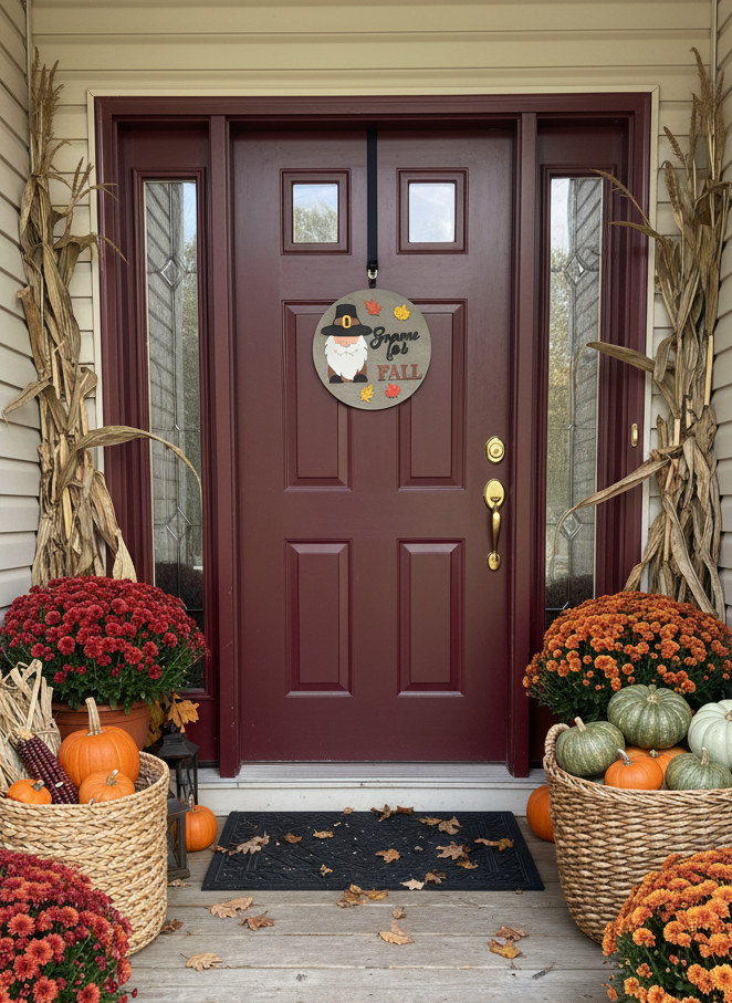 Decorative front door with fall-themed decorations including pumpkins, mums, and a sign.