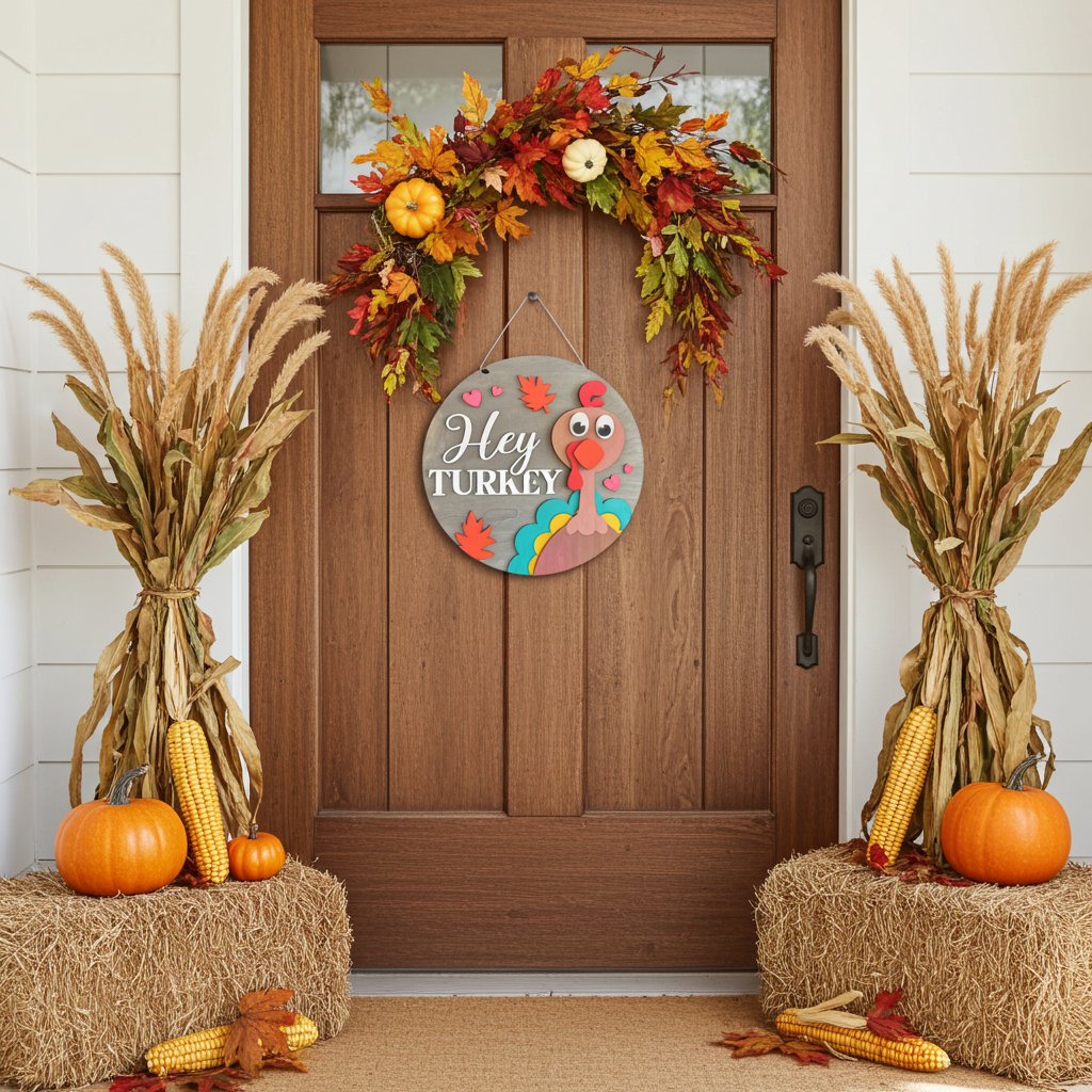 Decorative Thanksgiving door wreath with pumpkins, corn, and a 'Hey Turkey' sign on a wooden door.