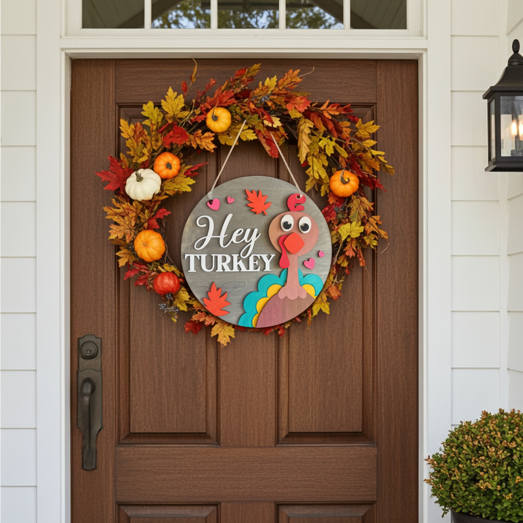 Decorative wreath with 'Hey Turkey' sign on a wooden door